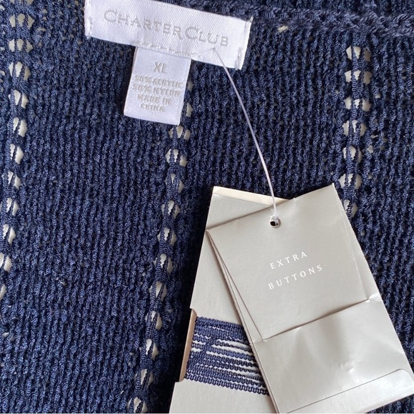 CHARTER CLUB NAVY CROCHET KNIT NAUTICAL STYLE CARDIGAN PREPPY COASTAL  XL - Picture 5 of 6